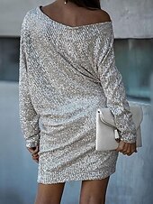 abordables Vestidos de lentejuelas-Vestido de punto asimétrico de un solo hombro para mujer, con brillo plateado, manga tres cuartos, para cóctel, por encima de la rodilla, ropa elegante de invierno semiformal
