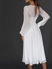 cheap Little White Dresses-Reception Little White Dress Bridal Shower Dresses Wedding Dresses A-Line V Neck Long Sleeve Tea Length Chiffon Bridal Gowns With Pleats 2025