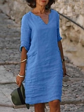 abordables Vestidos-vestido midi de mujer vestidos con tacto de lino vestido recto vestido casual básico clásico diario exterior vacaciones corte regular color liso color puro manga corta cuello en V azul amarillo rosa verde