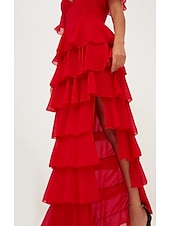 abordables ROUGE-Robe de soirée A-Line Robe élégante Invité de mariage Formelle Soirée Longueur au sol Manches courtes Décolleté en V Chiffon avec volants
