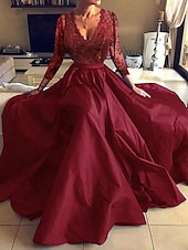 economico Abiti Cerimonia Inverno-Abito da sera in linea A Abito elegante per feste formali lunghezza fino al pavimento maniche lunghe scollatura a V in tulle con pieghe applicazioni
