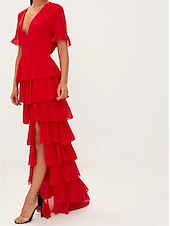 abordables ROUGE-Robe de soirée A-Line Robe élégante Invité de mariage Formelle Soirée Longueur au sol Manches courtes Décolleté en V Chiffon avec volants