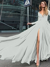 abordables NOIR-Robe de soirée A-Line robe empire noire invité de mariage longueur de sol manches longues col en V chiffon dos en V avec fente robe de masquerade couleur pure pour impressionner 2025