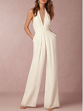 baratos vestidos de casamento casuais-Vestidos de casamento casuais sexy Hall Vestido Tuxedo Macacões Decote Halter Sem Mangas Longo em Satin Vestidos de Noiva Com Pregas