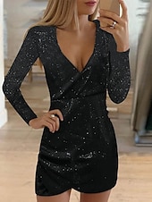 levne Bodycon Club Dresses-Dámské Mini šaty Flitrové šaty Šaty na párty Šaty pro návrat domů Sváteční šaty Módní Zralý Zimní šaty Párty Svatební host Běžný Čistá barva Dlouhý rukáv Do V Černá Zlatá Jaro Podzim Zima