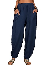 abordables Bas-Femmes Pantalon d'été 100% Coton Pantalons Amples Pantalon sarouel Confort Longueur cheville Naturel Couleur Unie Avec Poches Taille Élastique Décontracté Kaki Noir Blanche Vert Véronèse Ét