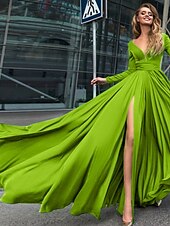 abordables NOIR-Robe de soirée A-Line robe empire noire invité de mariage longueur de sol manches longues col en V chiffon dos en V avec fente robe de masquerade couleur pure pour impressionner 2025