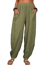 abordables Bas-Femmes Pantalon d'été 100% Coton Pantalons Amples Pantalon sarouel Confort Longueur cheville Naturel Couleur Unie Avec Poches Taille Élastique Décontracté Kaki Noir Blanche Vert Véronèse Ét
