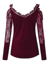 baratos Tops sensuais femininos-Mulheres Camisa de renda Camiseta Saindo tops Camiseta Borgonha Tecido Básico Manga Longa Decote V Ombro a Ombro Tops regulares Casual Final de semana Renda Com Corte Preto Vinho Azul Outono &amp; inverno
