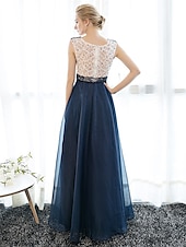economico Abiti per le feste-Abito Elegante A-Line Invitate a Matrimoni Prom Lunghezza a Terra Senza Maniche Collo Illusione Tulle su Pizzo con Perlina