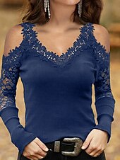 baratos Tops sensuais femininos-Mulheres Camisa de renda Camiseta Saindo tops Camiseta Borgonha Tecido Básico Manga Longa Decote V Ombro a Ombro Tops regulares Casual Final de semana Renda Com Corte Preto Vinho Azul Outono &amp; inverno