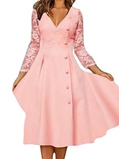 cheap Cocktail Dress-Women&#039;s Midi Dress Lace Dress Party Dress Swing Dress A Line Dress Elegant Casual Mature Vacation Daily Date Regular Fit Pure Color 3/4 Length Sleeve V Neck Pink Summer Spring Fall