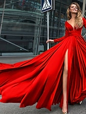 abordables NOIR-Robe de soirée A-Line robe empire noire invité de mariage longueur de sol manches longues col en V chiffon dos en V avec fente robe de masquerade couleur pure pour impressionner 2025