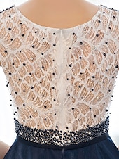 economico Abiti per le feste-Abito Elegante A-Line Invitate a Matrimoni Prom Lunghezza a Terra Senza Maniche Collo Illusione Tulle su Pizzo con Perlina