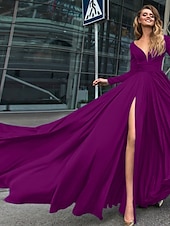 abordables NOIR-Robe de soirée A-Line robe empire noire invité de mariage longueur de sol manches longues col en V chiffon dos en V avec fente robe de masquerade couleur pure pour impressionner 2025