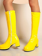 halpa Alustansa saappaat-naisten valkoiset patentoidut polvikorkeat alustasaappaat sivussa vetoketjulla - vintage 70-luvun diskotyyliset paksut korkokengät cosplay-, retro-muotiin ja tapahtumiin