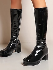 halpa Alustansa saappaat-naisten valkoiset patentoidut polvikorkeat alustasaappaat sivussa vetoketjulla - vintage 70-luvun diskotyyliset paksut korkokengät cosplay-, retro-muotiin ja tapahtumiin