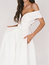 voordelige Kleine witte jurkjes-Strand Bruiloft Ontvangst Kleine Witte Jurk Bruidsdouche Jurken Casual Bruidsjurken A-Lijn V-hals Cap Mouw Thee Lengte Chiffon Bruidsjurken Met Plooien