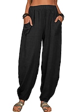abordables Bas-Femmes Pantalon d'été 100% Coton Pantalons Amples Pantalon sarouel Confort Longueur cheville Naturel Couleur Unie Avec Poches Taille Élastique Décontracté Kaki Noir Blanche Vert Véronèse Ét