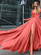 abordables NOIR-Robe de soirée A-Line robe empire noire invité de mariage longueur de sol manches longues col en V chiffon dos en V avec fente robe de masquerade couleur pure pour impressionner 2025