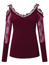 baratos Tops sensuais femininos-Mulheres Camisa de renda Camiseta Saindo tops Camiseta Borgonha Tecido Básico Manga Longa Decote V Ombro a Ombro Tops regulares Casual Final de semana Renda Com Corte Preto Vinho Azul Outono &amp; inverno