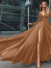 abordables NOIR-Robe de soirée A-Line robe empire noire invité de mariage longueur de sol manches longues col en V chiffon dos en V avec fente robe de masquerade couleur pure pour impressionner 2025