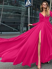 abordables NOIR-Robe de soirée A-Line robe empire noire invité de mariage longueur de sol manches longues col en V chiffon dos en V avec fente robe de masquerade couleur pure pour impressionner 2025