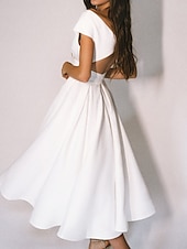 voordelige Kleine witte jurkjes-Strand Bruiloft Ontvangst Kleine Witte Jurk Bruidsdouche Jurken Casual Bruidsjurken A-Lijn V-hals Cap Mouw Thee Lengte Chiffon Bruidsjurken Met Plooien