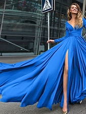 abordables NOIR-Robe de soirée A-Line robe empire noire invité de mariage longueur de sol manches longues col en V chiffon dos en V avec fente robe de masquerade couleur pure pour impressionner 2025