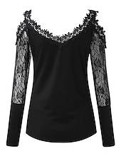 baratos Tops sensuais femininos-Mulheres Camisa de renda Camiseta Saindo tops Camiseta Borgonha Tecido Básico Manga Longa Decote V Ombro a Ombro Tops regulares Casual Final de semana Renda Com Corte Preto Vinho Azul Outono &amp; inverno