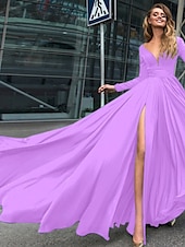 abordables NOIR-Robe de soirée A-Line robe empire noire invité de mariage longueur de sol manches longues col en V chiffon dos en V avec fente robe de masquerade couleur pure pour impressionner 2025