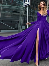abordables NOIR-Robe de soirée A-Line robe empire noire invité de mariage longueur de sol manches longues col en V chiffon dos en V avec fente robe de masquerade couleur pure pour impressionner 2025