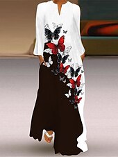 cheap Art&amp;Design Dress-Women&#039;s Maxi Dress  Shift Dress Swing Dress Long Dress Green Blue Grey White Black Long Sleeve Feather Butterfly Pocket Print Summer Spring V Neck Stylish Casual Dress 2023 S M L XL XXL XXXL 4XL 5XL