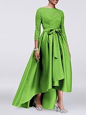 economico Lunghezza del pavimento-Abito A-Line per Madre della Sposa Ospite di Matrimonio Elegante Taglie Forti Alte Basse Scollo Gioiello Asimmetrico Satin Pizzo Maniche 3/4 con Sash  Nastro Applicazioni 2025 taglia personalizzata