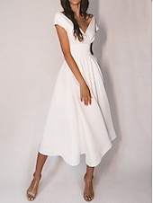 voordelige Kleine witte jurkjes-Strand Bruiloft Ontvangst Kleine Witte Jurk Bruidsdouche Jurken Casual Bruidsjurken A-Lijn V-hals Cap Mouw Thee Lengte Chiffon Bruidsjurken Met Plooien
