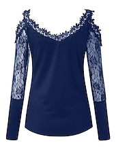 baratos Tops sensuais femininos-Mulheres Camisa de renda Camiseta Saindo tops Camiseta Borgonha Tecido Básico Manga Longa Decote V Ombro a Ombro Tops regulares Casual Final de semana Renda Com Corte Preto Vinho Azul Outono &amp; inverno