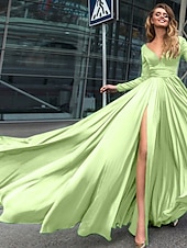 abordables NOIR-Robe de soirée A-Line robe empire noire invité de mariage longueur de sol manches longues col en V chiffon dos en V avec fente robe de masquerade couleur pure pour impressionner 2025