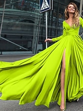 abordables NOIR-Robe de soirée A-Line robe empire noire invité de mariage longueur de sol manches longues col en V chiffon dos en V avec fente robe de masquerade couleur pure pour impressionner 2025
