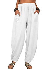 abordables Bas-Femmes Pantalon d'été 100% Coton Pantalons Amples Pantalon sarouel Confort Longueur cheville Naturel Couleur Unie Avec Poches Taille Élastique Décontracté Kaki Noir Blanche Vert Véronèse Ét