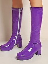 halpa Alustansa saappaat-naisten valkoiset patentoidut polvikorkeat alustasaappaat sivussa vetoketjulla - vintage 70-luvun diskotyyliset paksut korkokengät cosplay-, retro-muotiin ja tapahtumiin