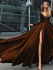 abordables NOIR-Robe de soirée A-Line robe empire noire invité de mariage longueur de sol manches longues col en V chiffon dos en V avec fente robe de masquerade couleur pure pour impressionner 2025