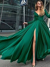 abordables NOIR-Robe de soirée A-Line robe empire noire invité de mariage longueur de sol manches longues col en V chiffon dos en V avec fente robe de masquerade couleur pure pour impressionner 2025