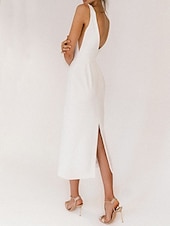 cheap Little White Dresses-Beach Wedding Reception Little White Dress Bridal Shower Dresses Wedding Dresses Sheath V Neck Sleeveless Ankle Length Satin Bridal Gowns With / Solid Color 2025