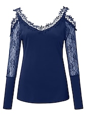 baratos Tops sensuais femininos-Mulheres Camisa de renda Camiseta Saindo tops Camiseta Borgonha Tecido Básico Manga Longa Decote V Ombro a Ombro Tops regulares Casual Final de semana Renda Com Corte Preto Vinho Azul Outono &amp; inverno