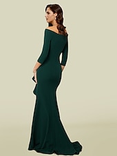 abordables Longueur du plancher-Robe mère de la mariée sirène invitée de mariage élégante sexy décolletée en V traîne courte tissu extensible manches 3/4 avec drapé et fente avant taille personnalisée gratuite