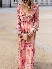 preiswerte Lässige Blumenkleider-damen swingkleid maxi langes kleid rosa langarm floral print frühling sommer tiefes v elegant boho 2022 s m l xl xxl xxxl