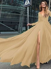 abordables NOIR-Robe de soirée A-Line robe empire noire invité de mariage longueur de sol manches longues col en V chiffon dos en V avec fente robe de masquerade couleur pure pour impressionner 2025