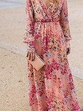 preiswerte Lässige Blumenkleider-damen swingkleid maxi langes kleid rosa langarm floral print frühling sommer tiefes v elegant boho 2022 s m l xl xxl xxxl