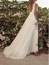 abordables robes de mariée décontractées-Robes de mariage décontractées en bord de mer robe A-Line col en scoop sans manches longueur de sol robes de mariée en chiffon avec fente devant