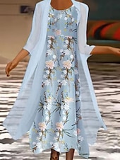 ieftine rochie florală-Wearing Midi Dress Set Rochie în Două Piese Rochie Verde Deschis Albastru Deschis Mâneci de 3/4 Floral Imprimeu Vară Primăvară Gât Crew Elegant